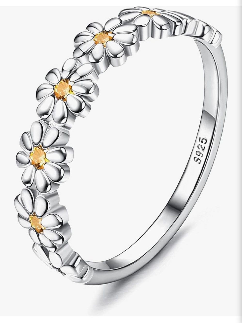 Sterling Silver Daisy Band Ring with Yellow Gems